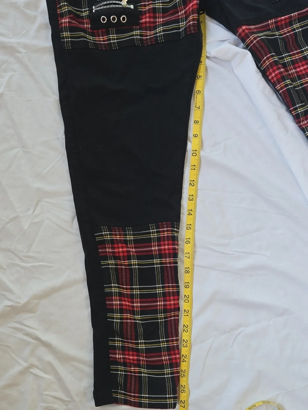 Men's Black Punk Rock Style Jeans With Zippers & Red Squared Patterns In Areas - Picture 8 of 9